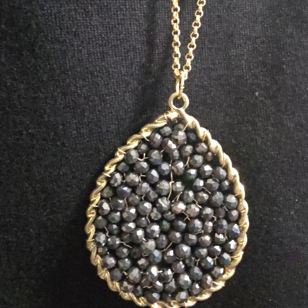 Gold and Black Beaded Teardrop Necklace